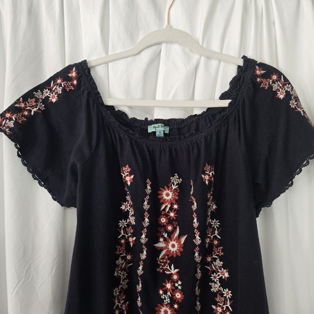 Floral Embroidered Navy Print Boho Linen Blend Blouse Size S - Picture 3 of 7